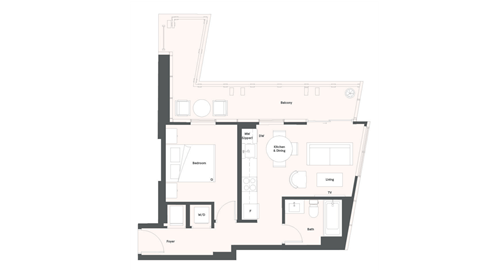 Floor plan for 1 bed, 1 bath, 476 sqft